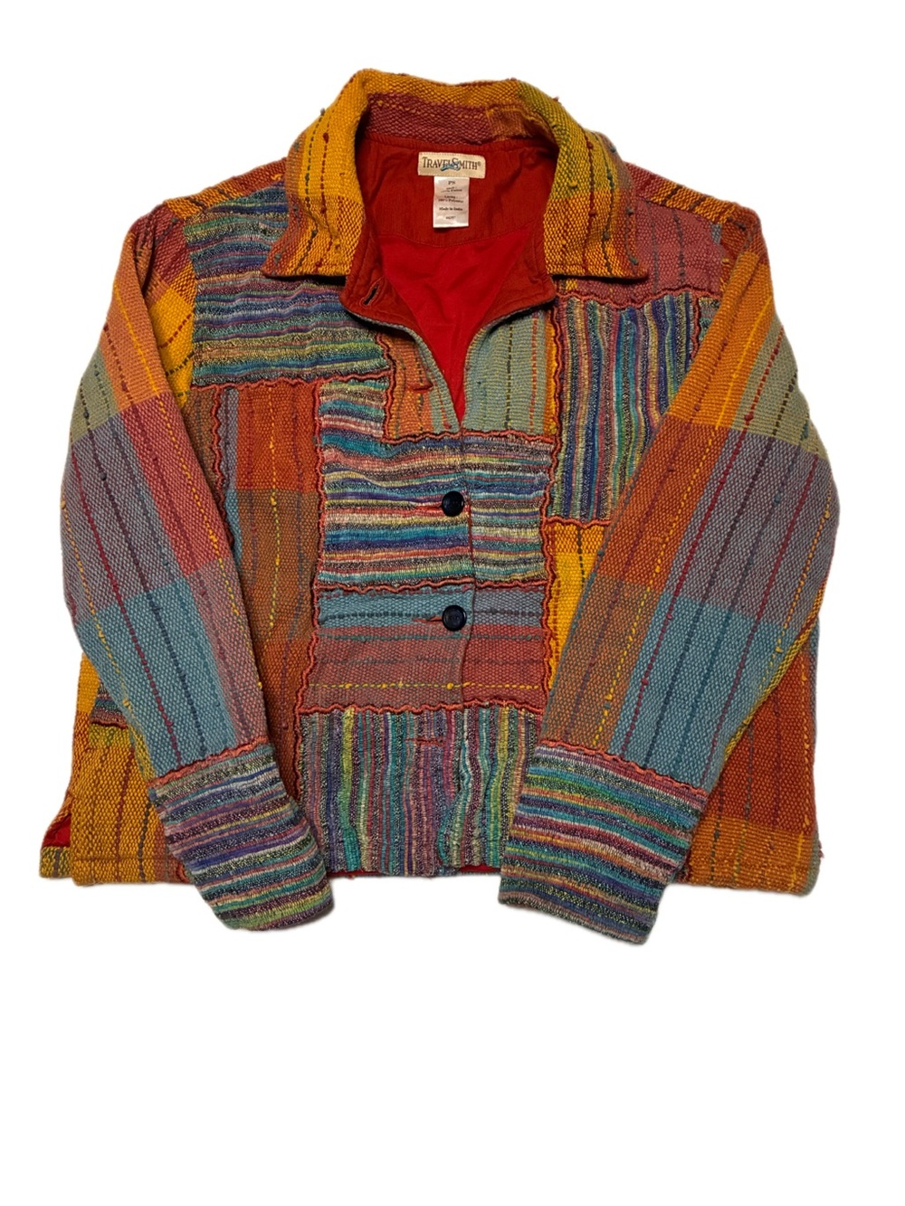 VTG TravelSmith Patchwork Jacket MultiColor Boho Cotton Knit Coat Size PS